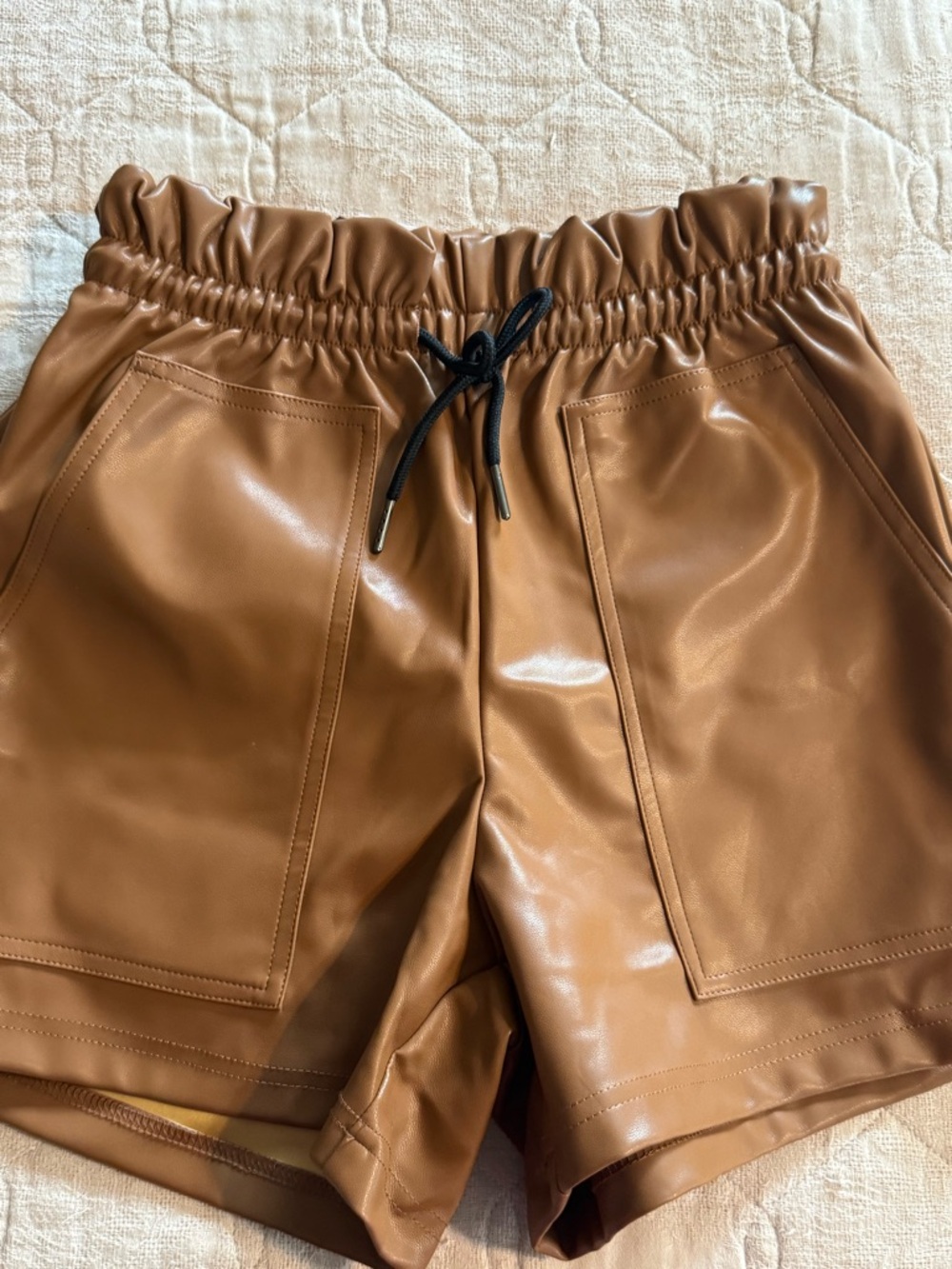 Faux Leather Drawstring Shorts - Camel Brown